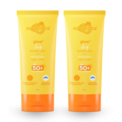 Aqualogica Glow+ Dewy Lightweight & Hydrating All Skin Type Sunscreen With Spf 50+ & Pa++++ For Uva/B & Blue Light Protection & No White Cast - 80G Pack Of 2