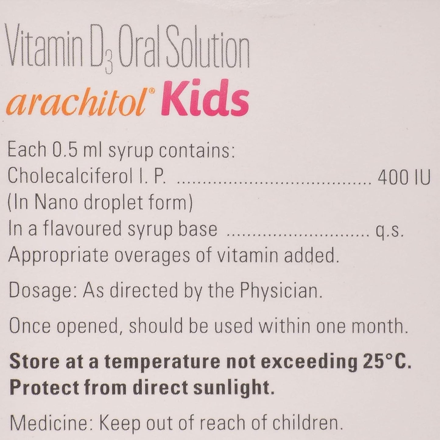 Arachitol Kids 400IU/0.5ml Pineapple Flavour - Bottle of 15 ml Oral Solution