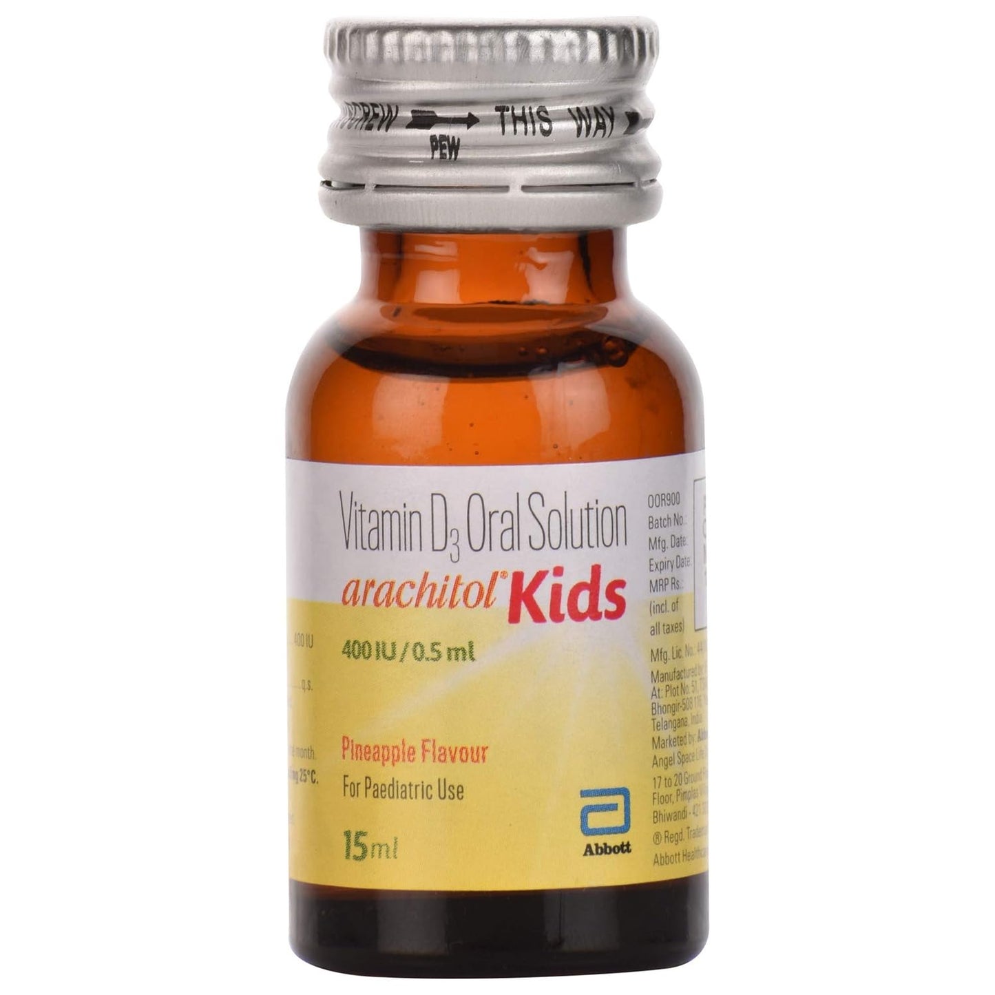 Arachitol Kids 400IU/0.5ml Pineapple Flavour - Bottle of 15 ml Oral Solution