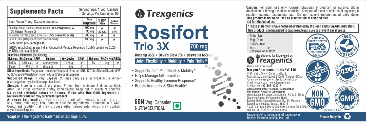 Trexgenics ROSIFORTE TRIO Rosehip, Boswellia, Devil's Claw 700 mg Joint Pain & Inflammation Support VEGAN & NON-GMO (60 Veg. Capsules) (Pack of 1)