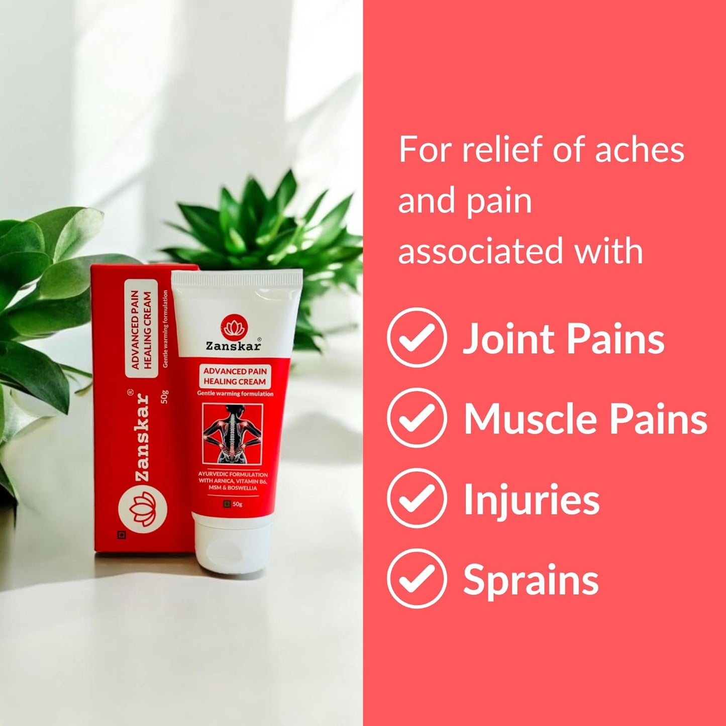 Zanskar Advanced Pain Healing Cream | Deep Relief from Back Pain, Knee Pain, Neck Pain, Shoulder Pain & Sprains | Natural Ingredients - Vitamin B6, MSM, Arnica, Boswellia | 50 g