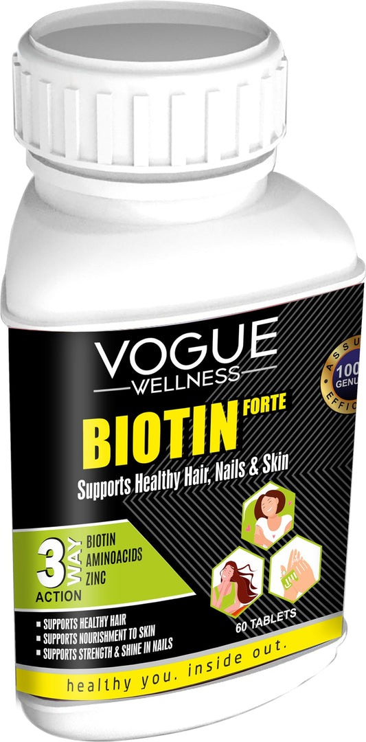 Vogue Wellness Biotin for Healthy Hair & Skin Growth Nourishment Stronger, Vitamin & Zinc, Hairfall Control, Clean & Vegan 60 Tablets (Pack of 5)