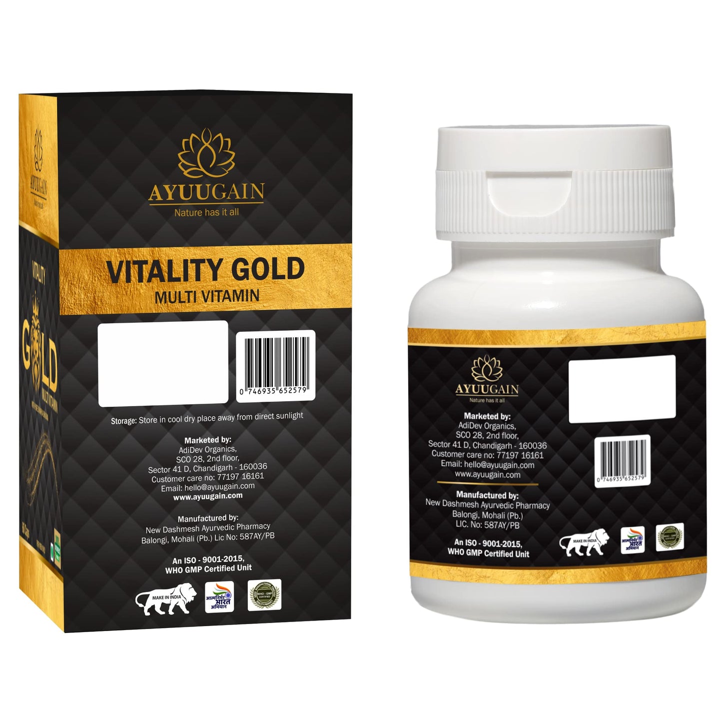 Ayuugain Vitality Gold Capsule for Men with Swarna Bhasma, Shilajeet, Safed Musli, Akarkara, Makardhwaj, Jund Bedastar, Stambhak Vati, Konch Beej | Overall Health Stamina Supplement for Men - 60 Caps