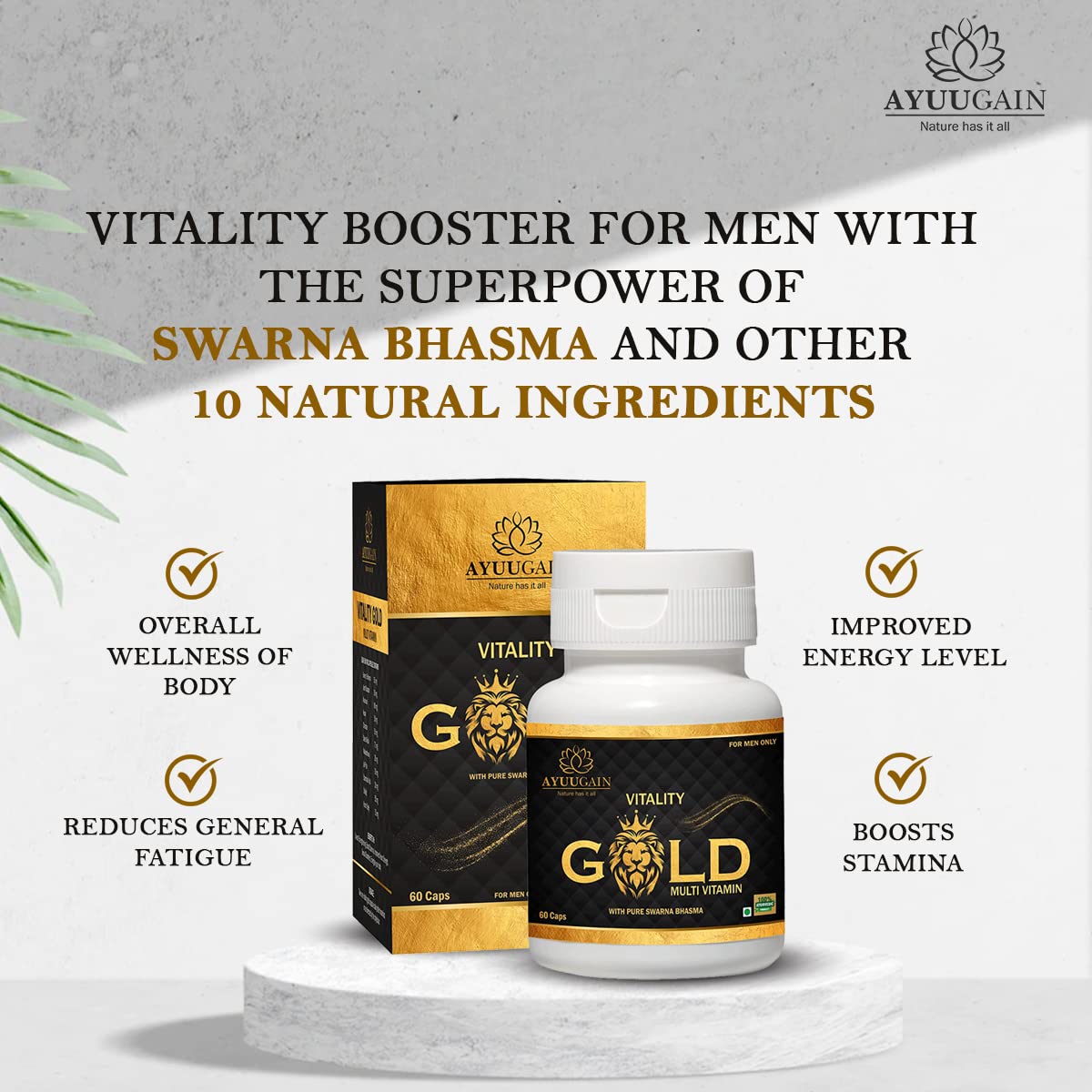 Ayuugain Vitality Gold Capsule for Men with Swarna Bhasma, Shilajeet, Safed Musli, Akarkara, Makardhwaj, Jund Bedastar, Stambhak Vati, Konch Beej | Overall Health Stamina Supplement for Men - 60 Caps