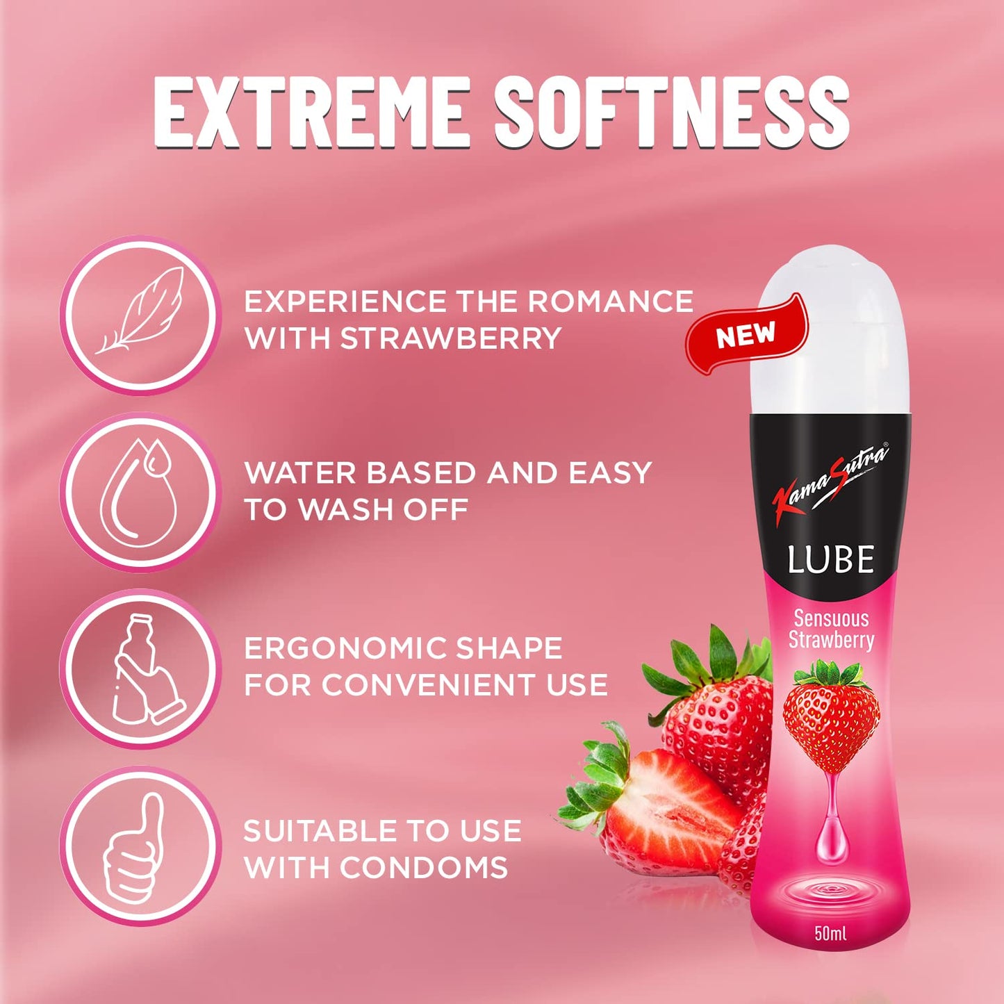 KamaSutra Lube Strawberry Personal Lubricant for Men & Women - 50 ml | Water Based Lube | Compatible with Condoms & Toys | Silicon Free Formula | Long Lasting Pleasure