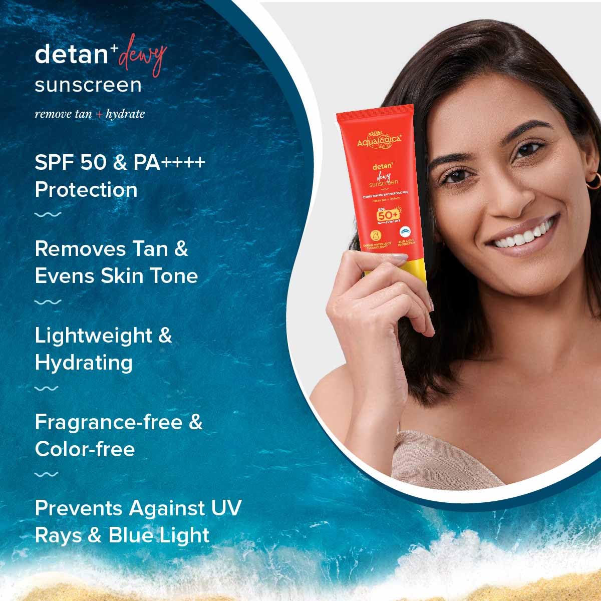 Aqualogica Detan+ Dewy Lightweight Sunscreen with SPF 50+ & PA++++ for UVA/B & Blue Light Protection | Normal, Sensitive & Dry Skin | Tan Removal & No White Cast for Men & Women - 50g