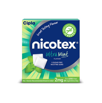 Cipla Nicotex Nicotine Sugar Free Ultra Mint Gums 2mg | Helps to Quit Smoking | WHO - Approved Therapy | 9 Gums each pack | Pack of 10