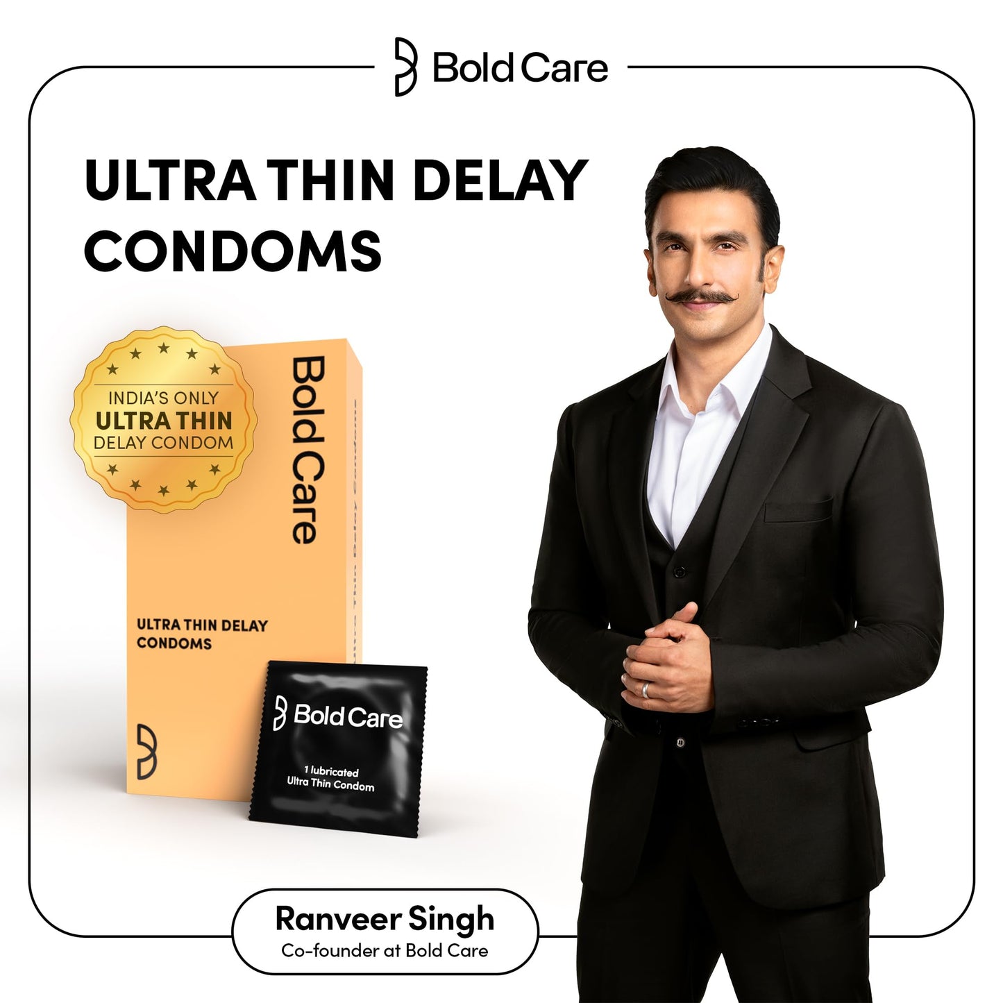 Bold Care Ultra Thin Lubricated Condoms (Pack Of 10) For Men With Disposable Pouches And 4.5% Benzocaine | 60 Microns | Paraben Free | Close Fit Barely There Condom | Transparent Extra Thin Condom