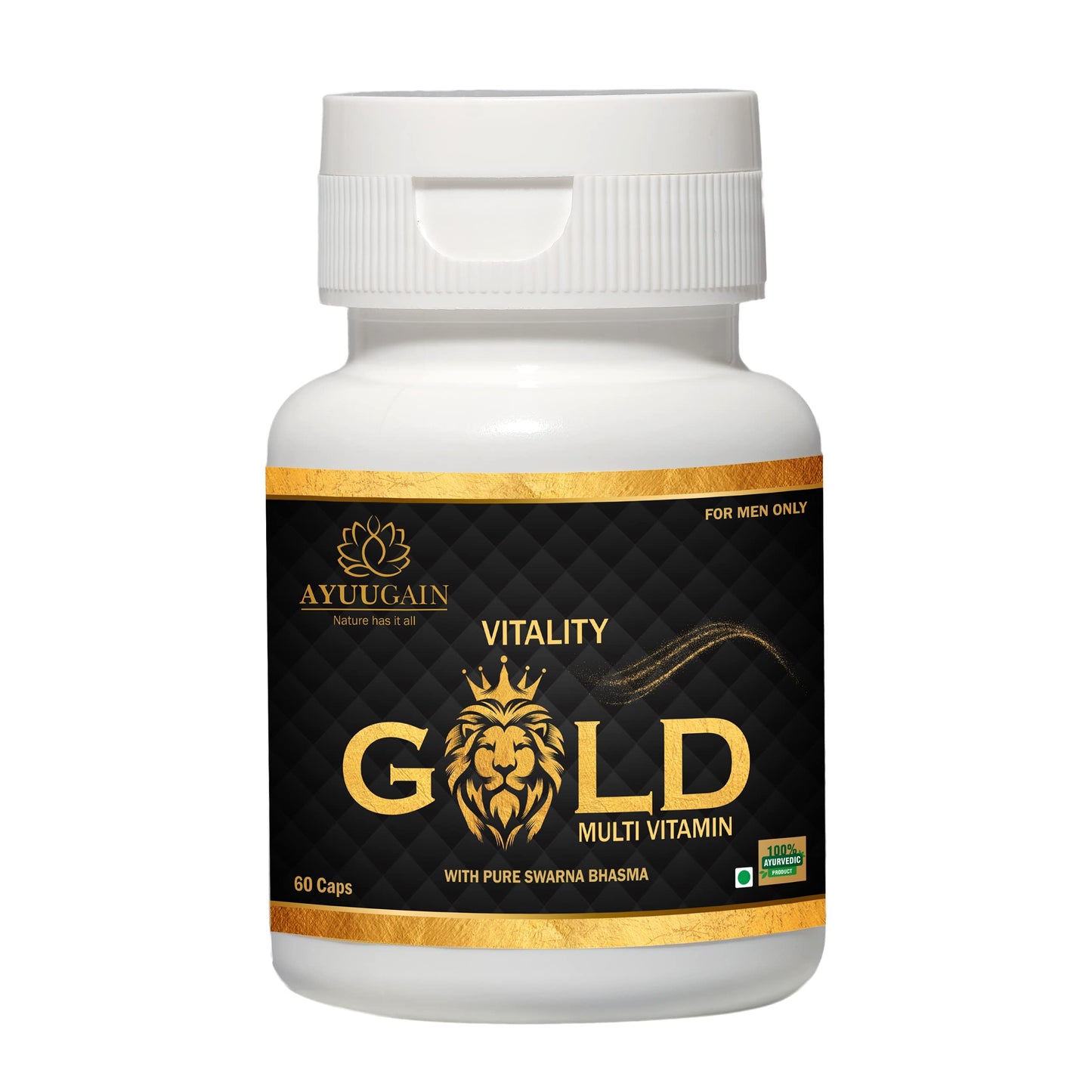 Ayuugain Vitality Gold Capsule for Men with Swarna Bhasma, Shilajeet, Safed Musli, Akarkara, Makardhwaj, Jund Bedastar, Stambhak Vati, Konch Beej | Overall Health Stamina Supplement for Men - 60 Caps