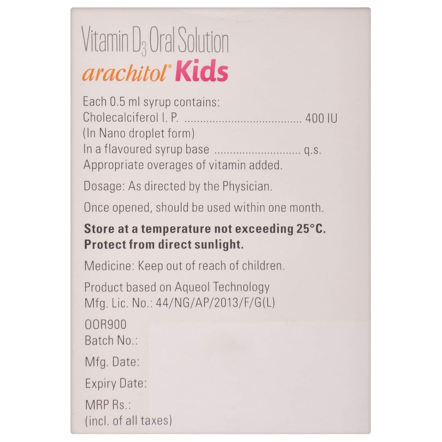 Arachitol Kids 400IU/0.5ml Pineapple Flavour - Bottle of 15 ml Oral Solution