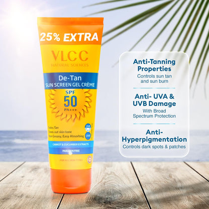 VLCC De-Tan SPF 50 PA+++ Sunscreen Gel Crème - 100g | With Cucumber, Carrot, and Saxifraga Extracts | Enhances Glow, Protects from UVA, UVB Rays, and Help Reduce Dark Patches.