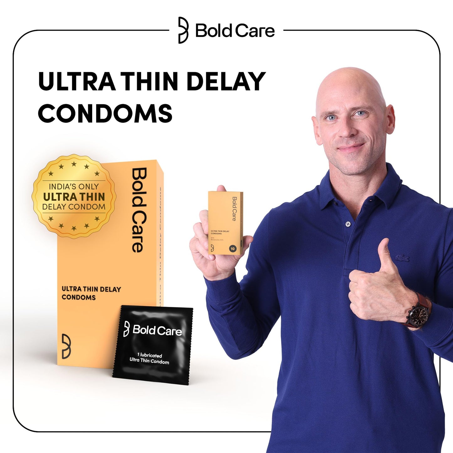 Bold Care Ultra Thin Lubricated Condoms (Pack Of 10) For Men With Disposable Pouches And 4.5% Benzocaine | 60 Microns | Paraben Free | Close Fit Barely There Condom | Transparent Extra Thin Condom