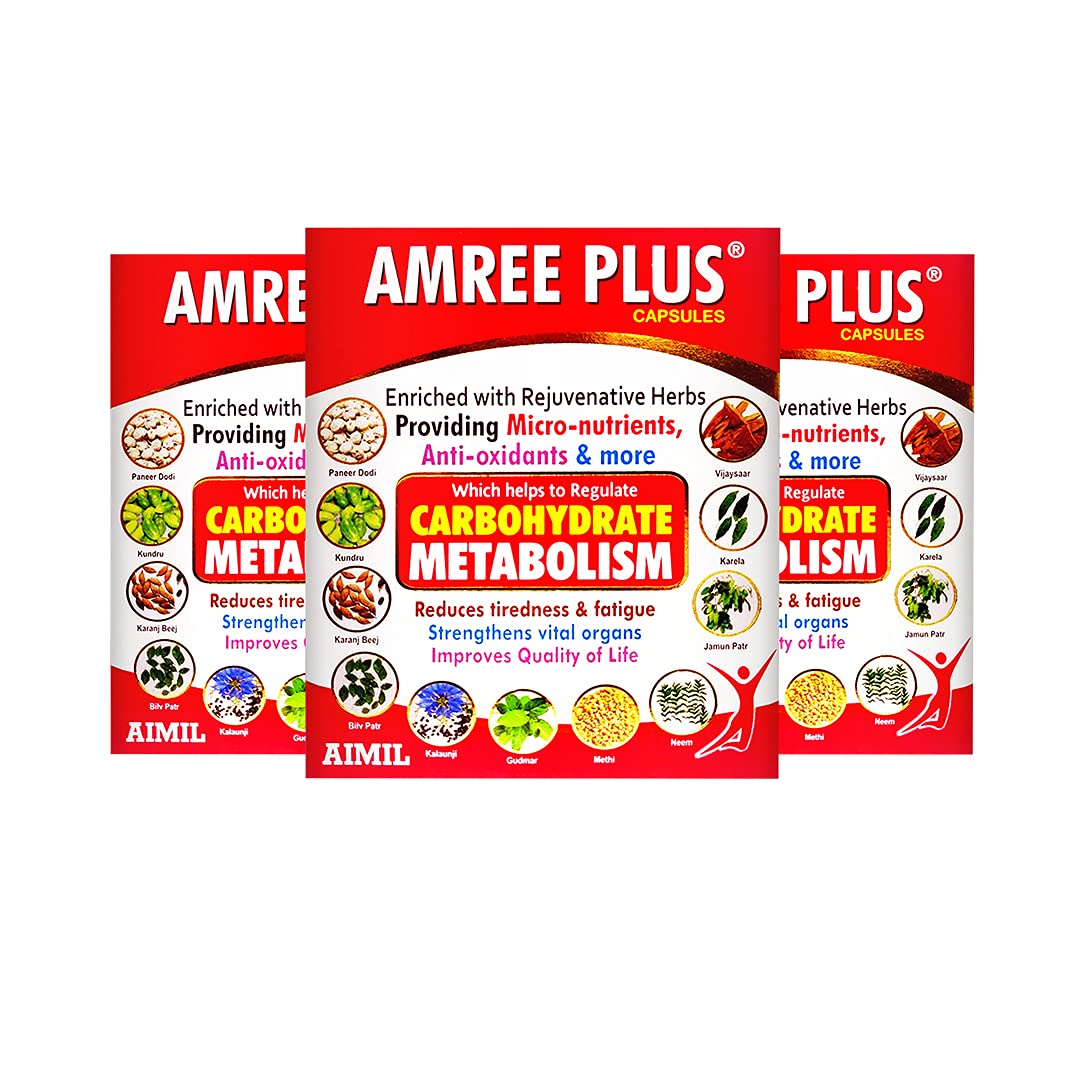 AIMIL Amree Plus Capsules - 20 Capsules (Pack of 4) | Natural Carbohydrate Metabolizer | Strengthens Vital Organs | Contains Micronutrients & Antioxidants | Karela, Methi and More