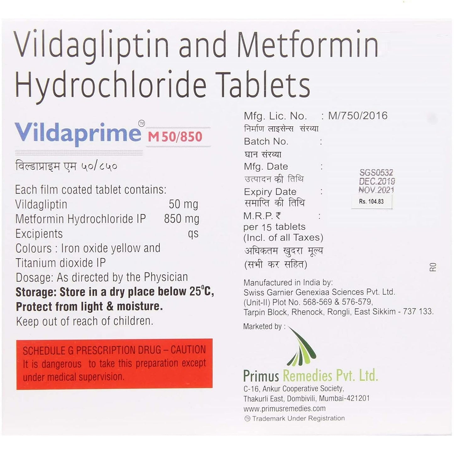 Vildaprime M 50/850MG - Strip of 15 Tablets