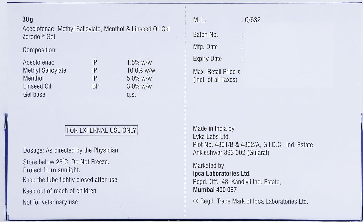 Zerodol - Tube of 30 gm Gel