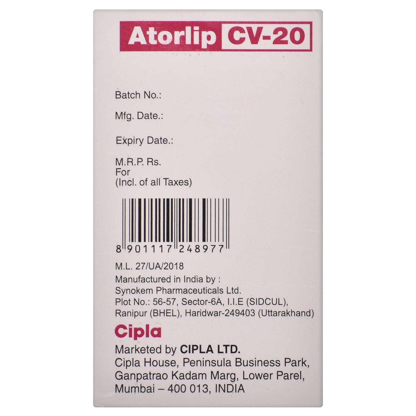 Atorlip CV-20 - Strip of 10 Capsules