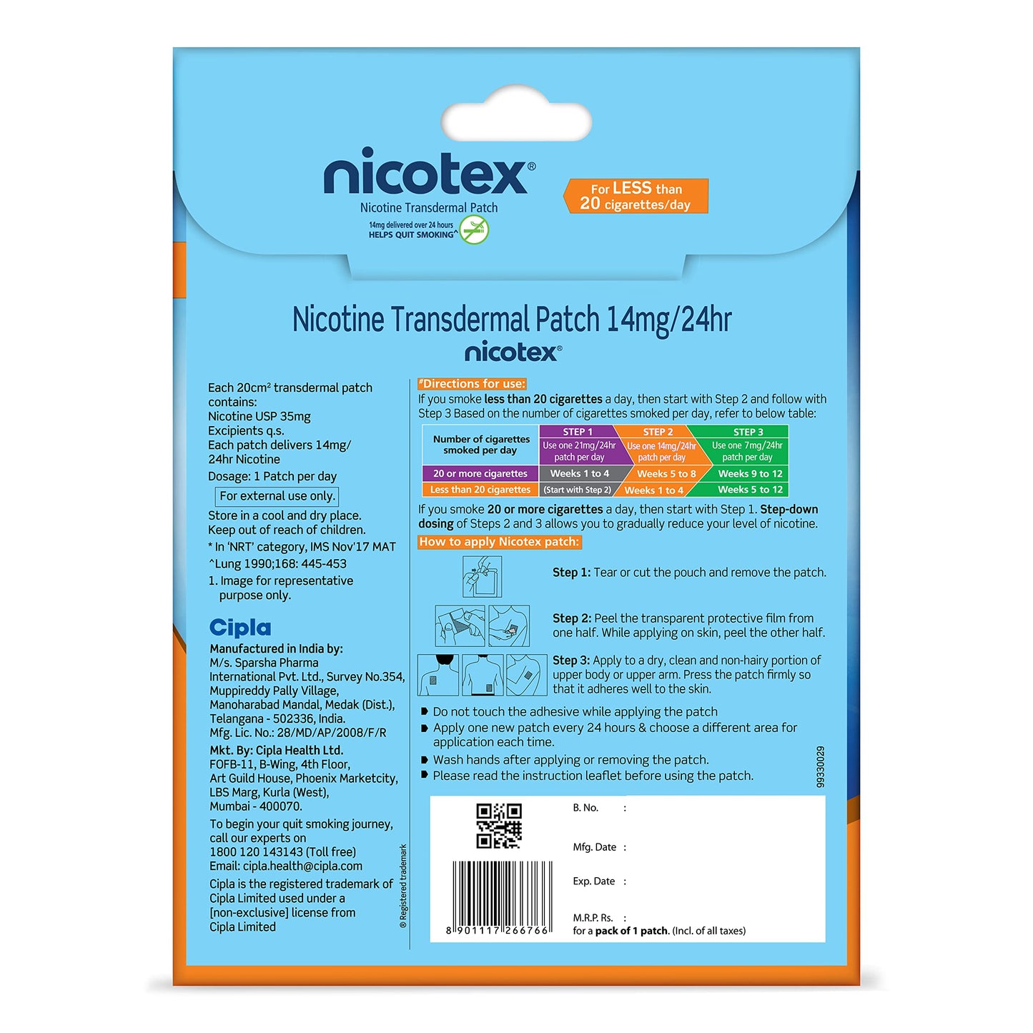 Cipla Nicotex Nicotine Transdermal Patch 14mg | Helps to Quit Smoking | WHO - Approved Therapy | 1 Patch (Pack of 3)