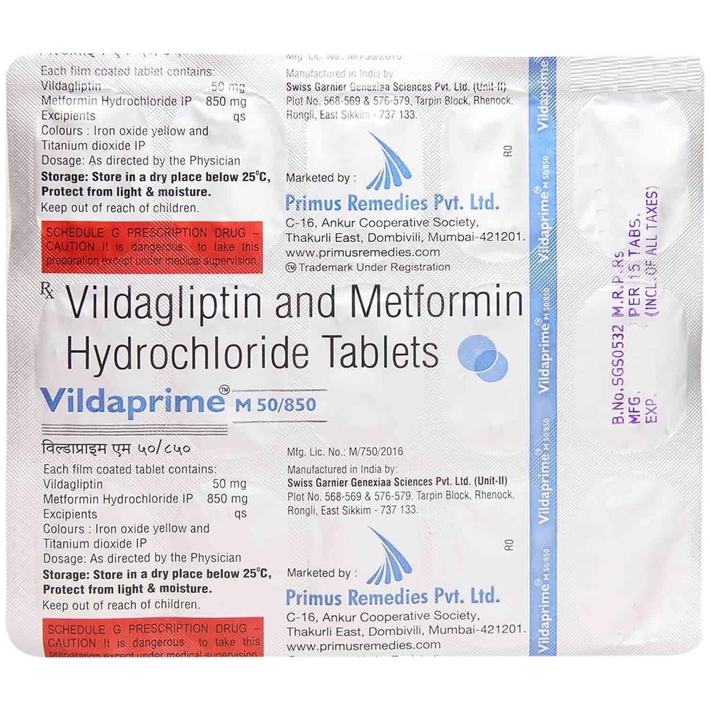 Vildaprime M 50/850MG - Strip of 15 Tablets