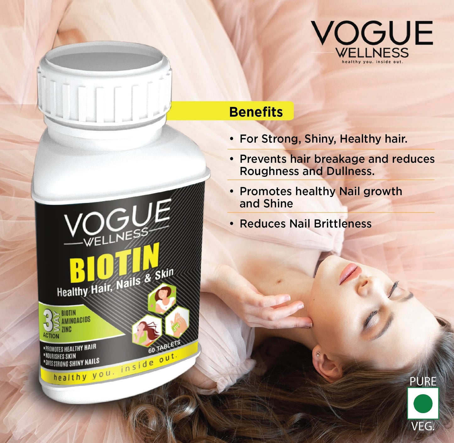 Vogue Wellness Biotin for Healthy Hair & Skin Growth Nourishment Stronger, Vitamin & Zinc, Hairfall Control, Clean & Vegan 60 Tablets (Pack of 5)