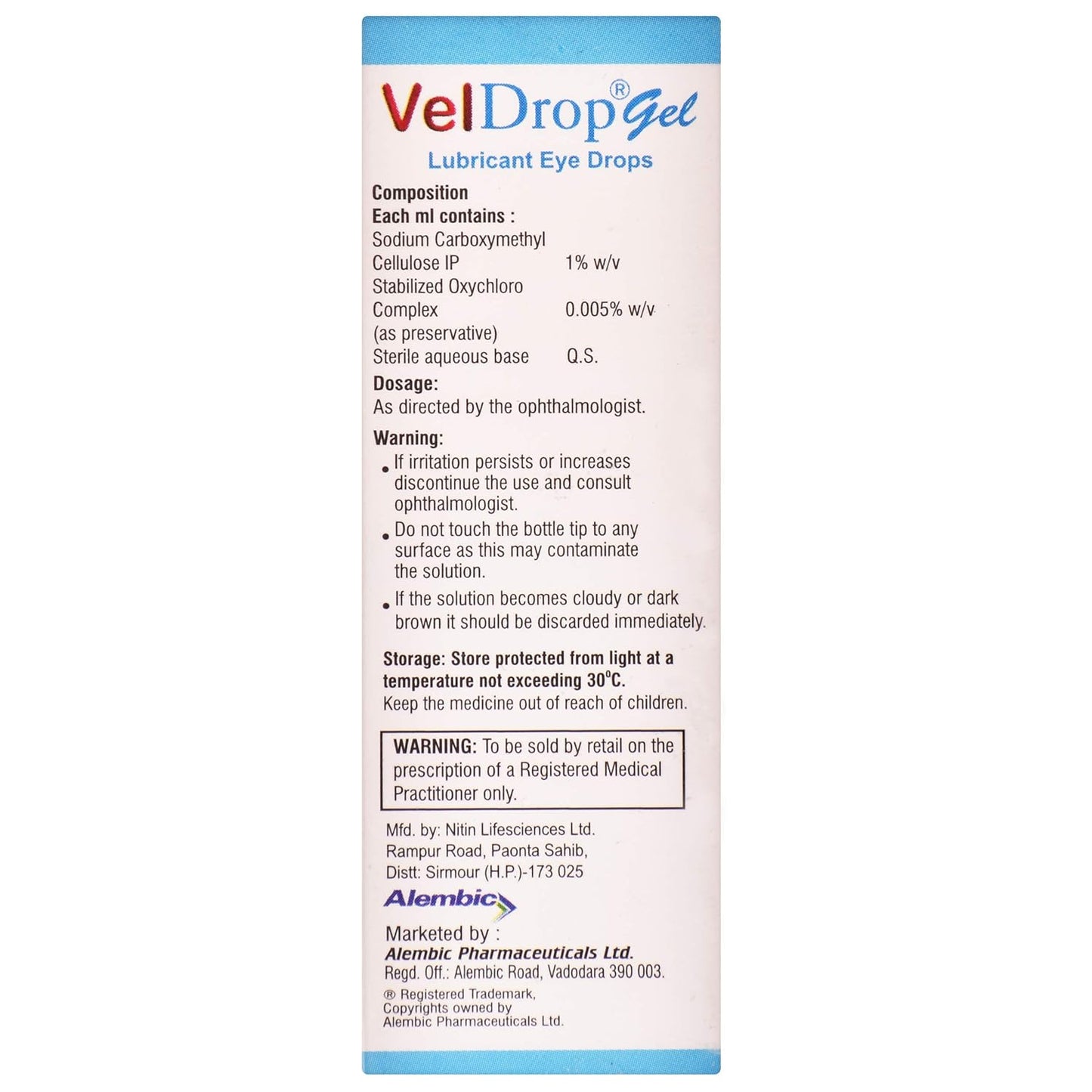 Vel Drop - Bottle of 10 ml 1% w/w Eye Drops