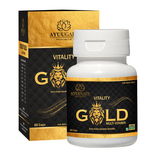 Ayuugain Vitality Gold Capsule for Men with Swarna Bhasma, Shilajeet, Safed Musli, Akarkara, Makardhwaj, Jund Bedastar, Stambhak Vati, Konch Beej | Overall Health Stamina Supplement for Men - 60 Caps