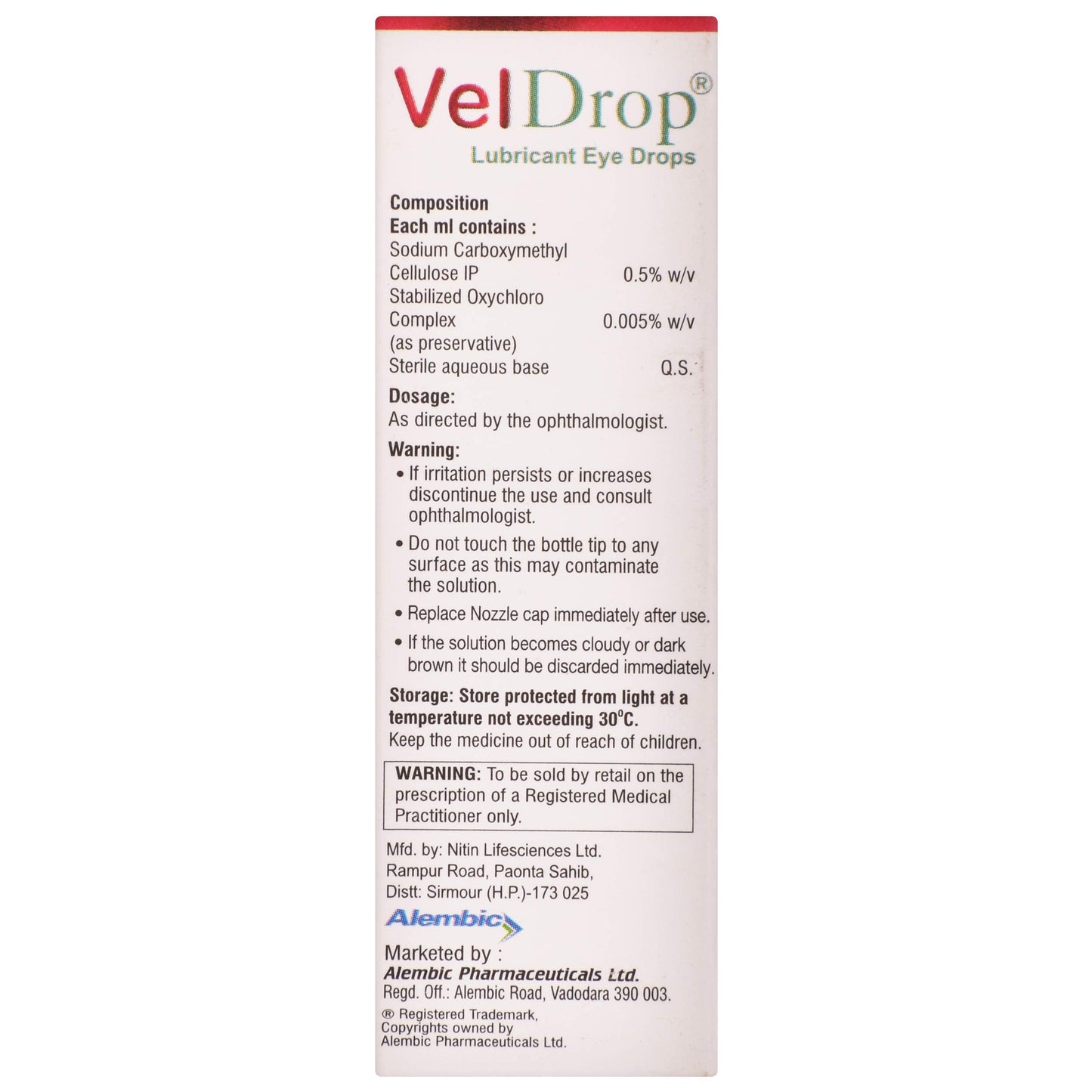 Vel Drop - Bottle of 10 ml 0.5% w/w Eye Drops