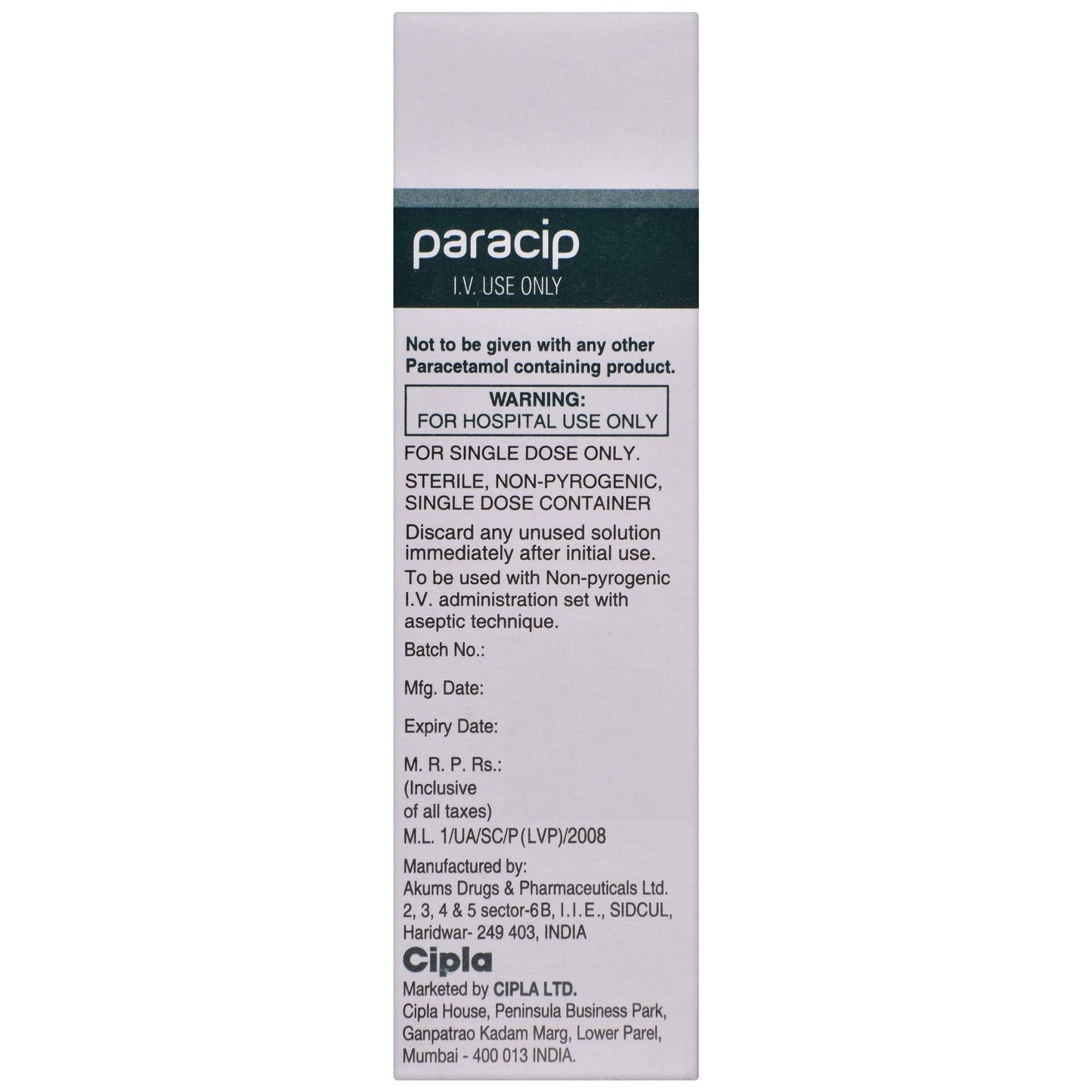 Paracip 1000mg/100ml - Pack of 100 ml Infusion