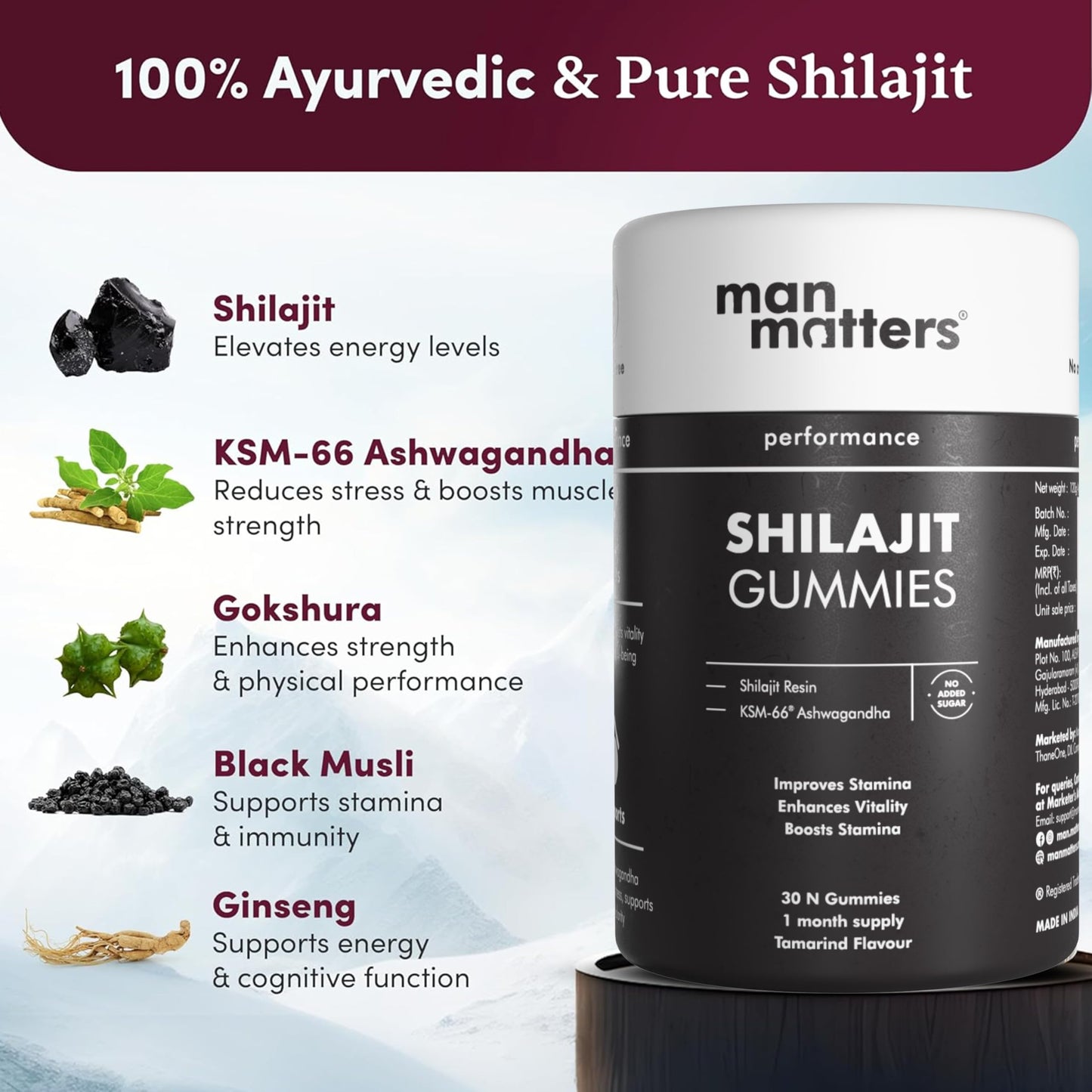 Man Matters Pure Himalayan Shilajit Gummies with KSM 66 Ashwagandha | Boosts Stamina, Strength & Improves Energy Levels | No Added Sugar | Pack of 60