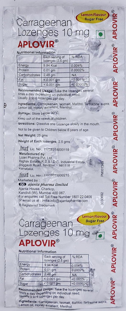 Aplovir 10 mg Lemon Lozenges 10's