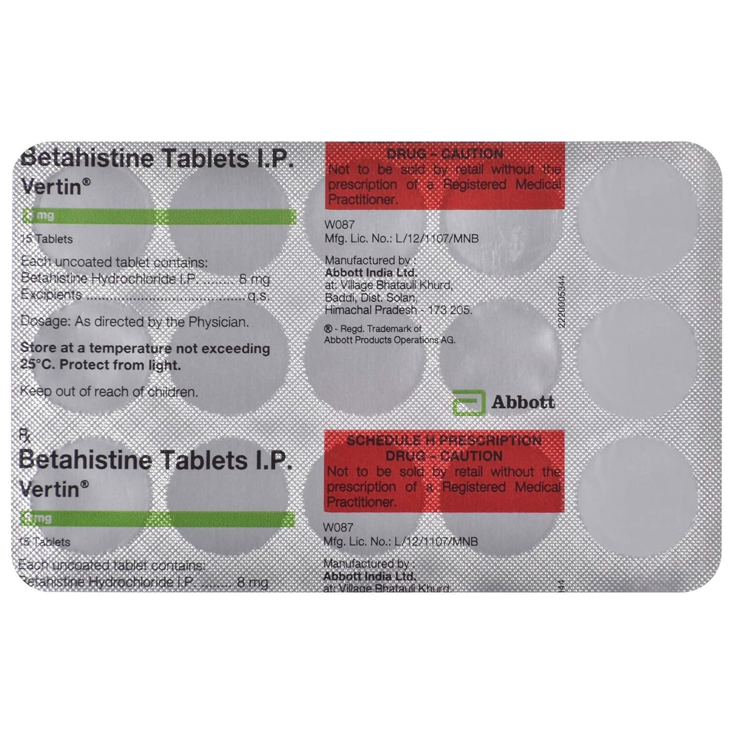 Vertin 8 - Strip of 15 Tablets