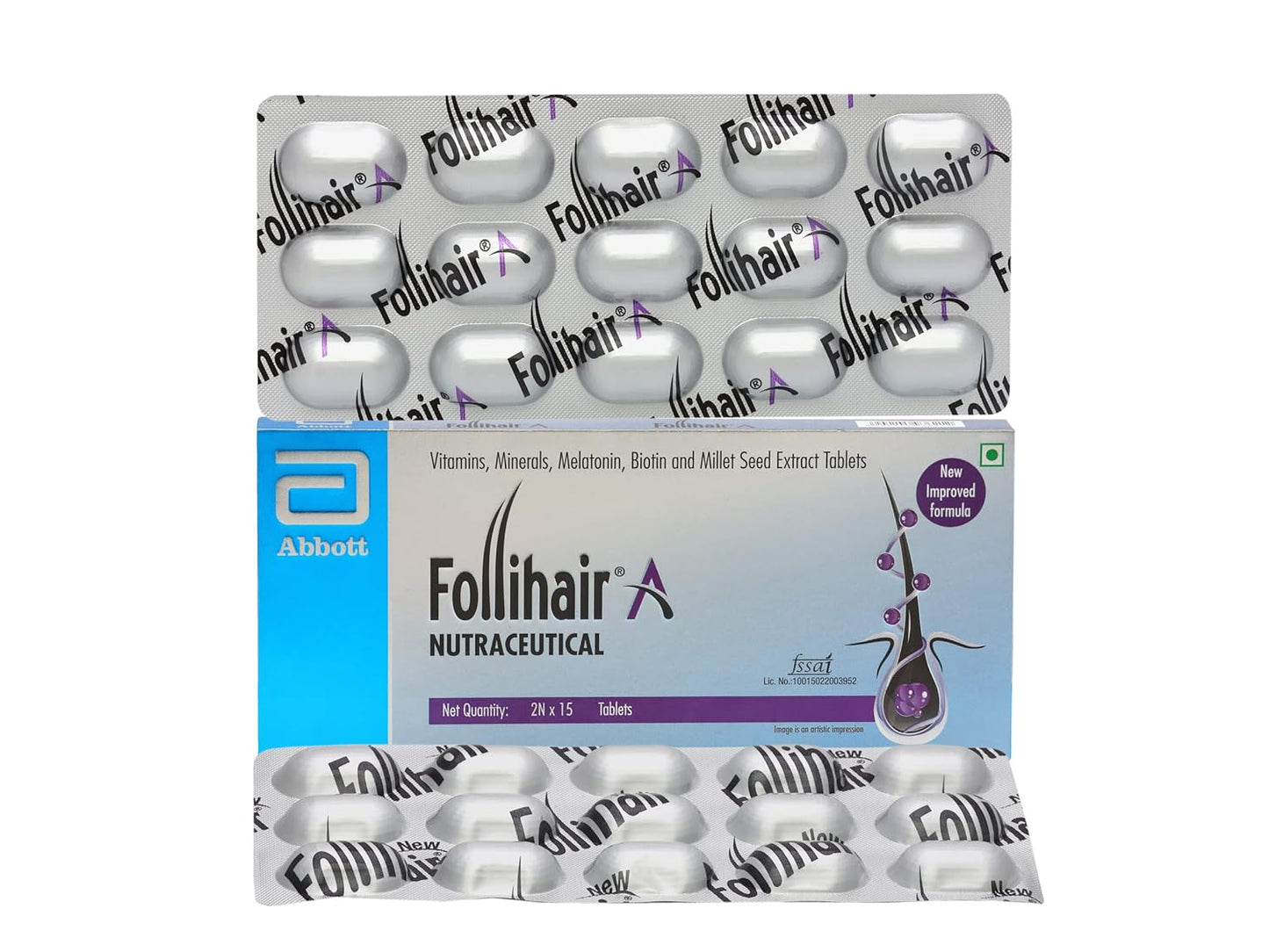 Follihair New A (Pack Of 2N X 15) By Abbott Helps Nourish & Strengthen Hair Follicles | Amino Acids, Vitamins, Minerals & Natural Extracts Tablets New Formulation, 0.05 Kilograms