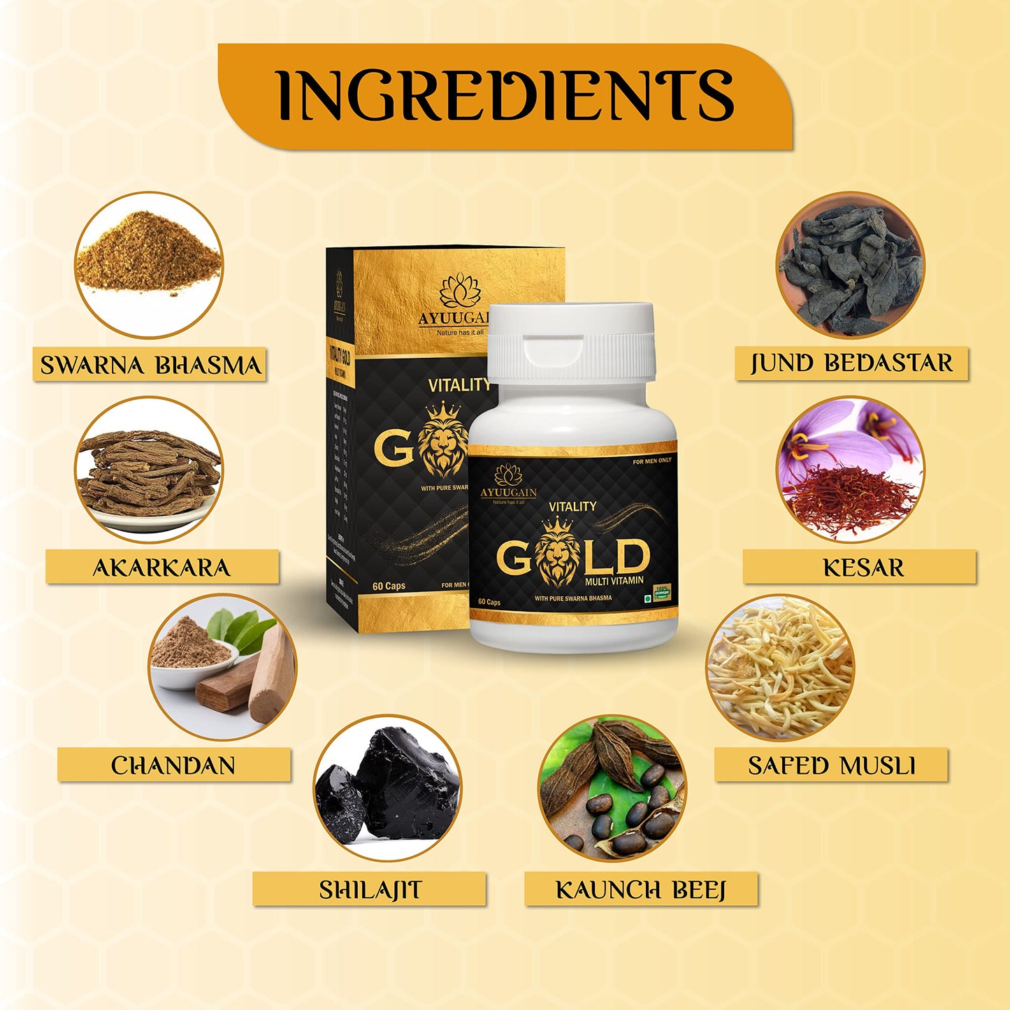 Ayuugain Vitality Gold Capsule for Men with Swarna Bhasma, Shilajeet, Safed Musli, Akarkara, Makardhwaj, Jund Bedastar, Stambhak Vati, Konch Beej | Overall Health Stamina Supplement for Men - 60 Caps