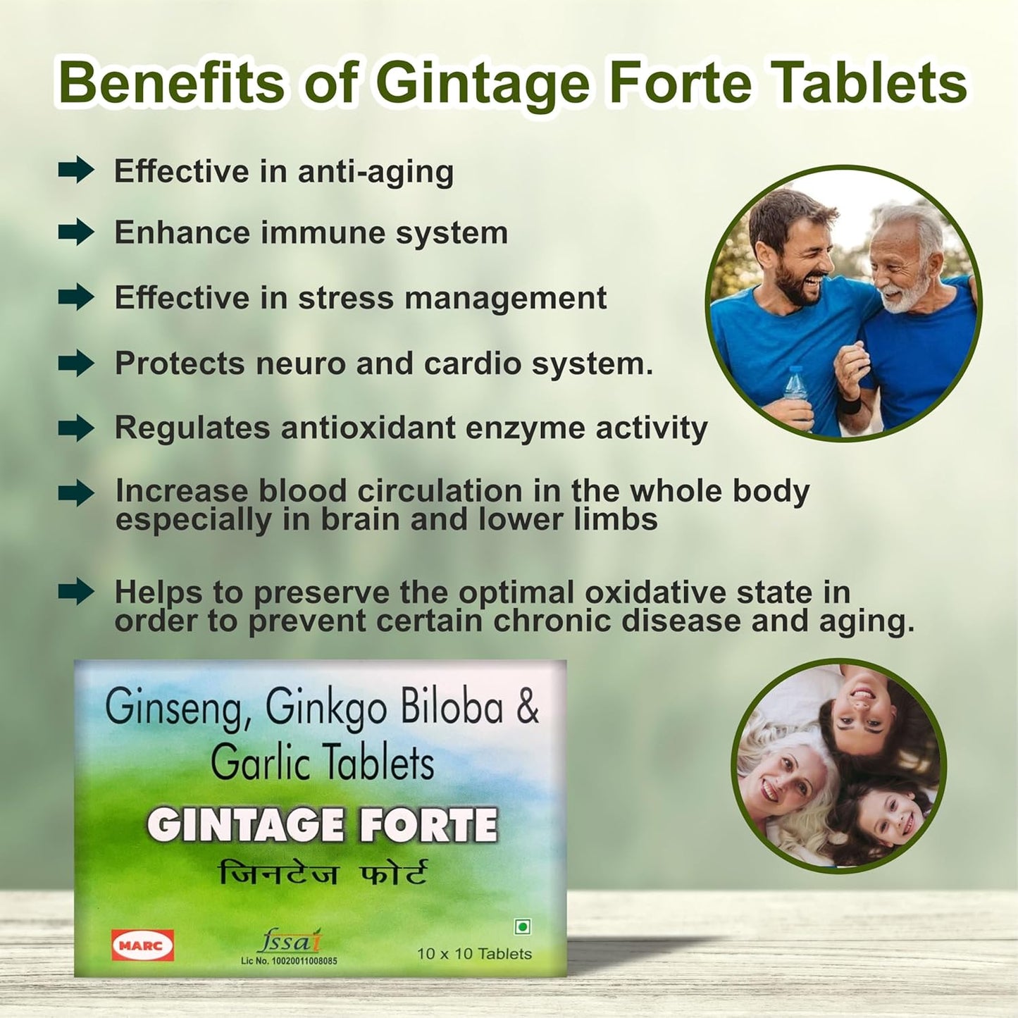 MARC GINTAGE FORTE Triple Power Herbal Supplement - Ginseng, Ginkgo Biloba & Garlic - Boost Energy, Enhance Memory & Support Heart Health - 30 Tablets (1 Month Supply)