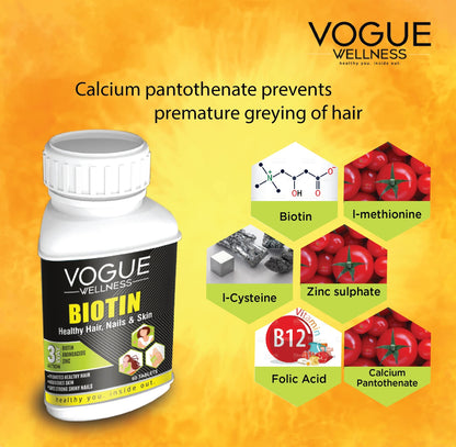 Vogue Wellness Biotin for Healthy Hair & Skin Growth Nourishment Stronger, Vitamin & Zinc, Hairfall Control, Clean & Vegan 60 Tablets (Pack of 5)