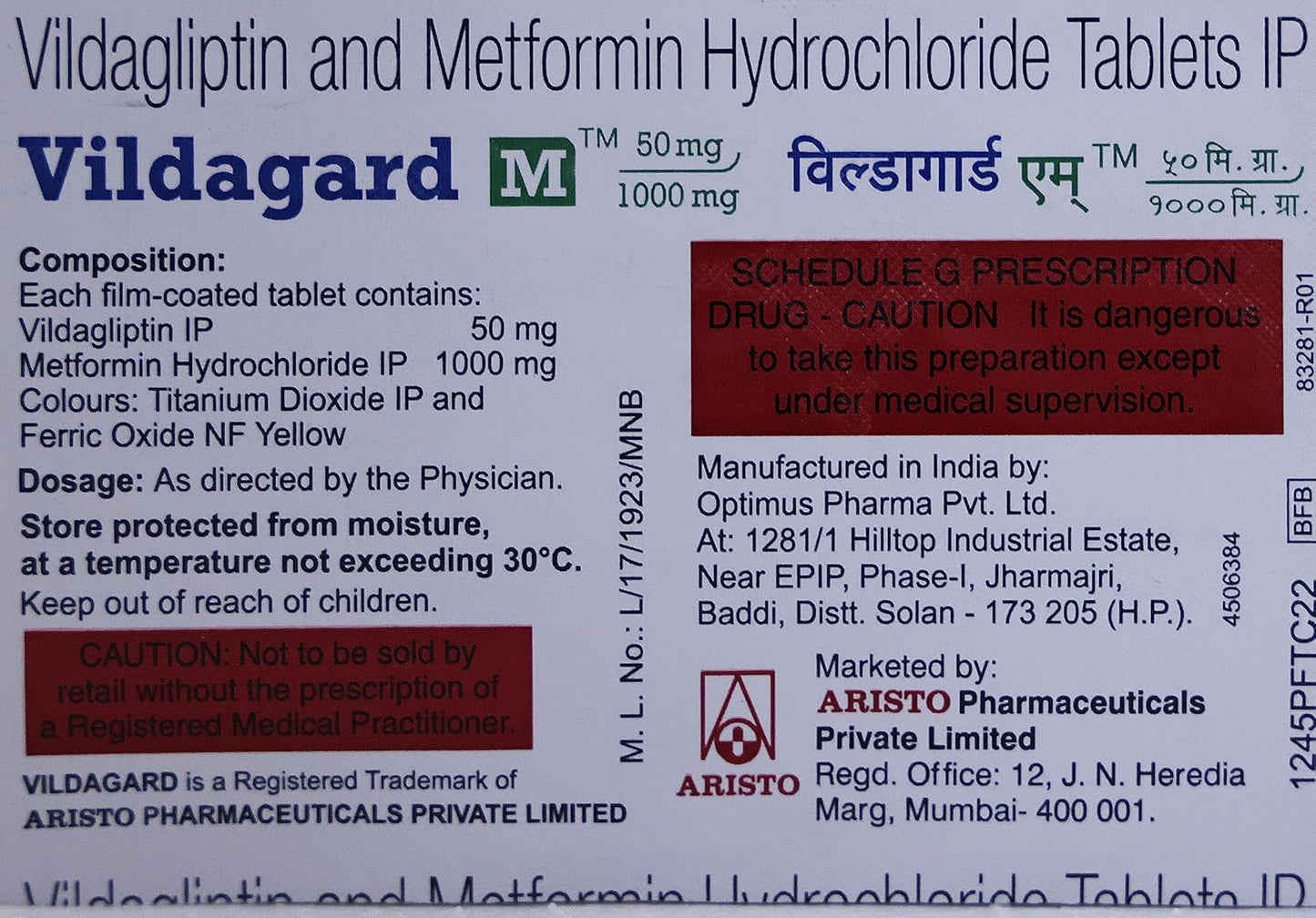 Vildagard M 50/1000MG - Strip of 15 Tablets